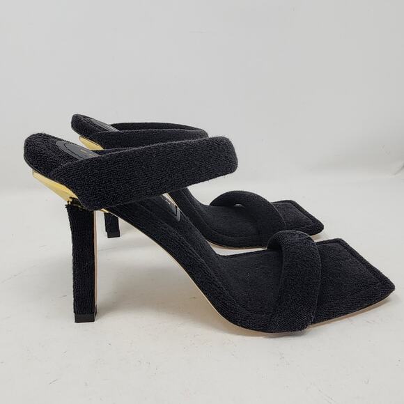 Good American Sandals Women's 9 Black Terry Cloth Square Toed Slip On Heels - Picture 2 of 10